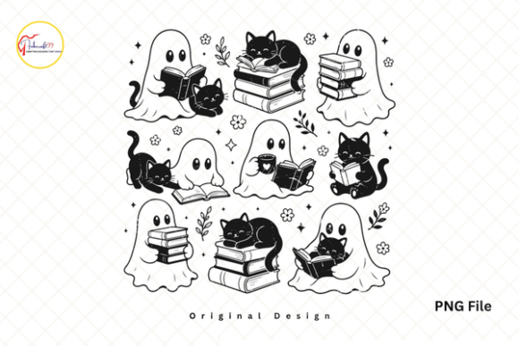 Download Ghost Black Cat Reading Book PNG - Premium Bundle