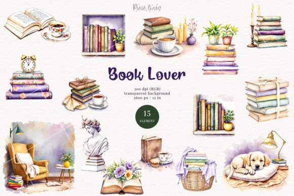 Download Watercolor Book Lover Elements, Bookworm - Elements Collection